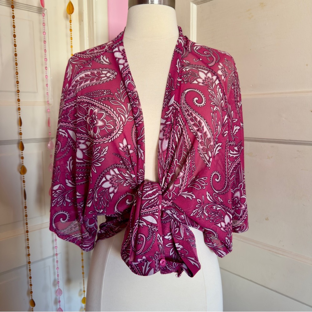 New York & Company Sheer Paisley Kimono Cardigan XL Pink Boho Lightweight